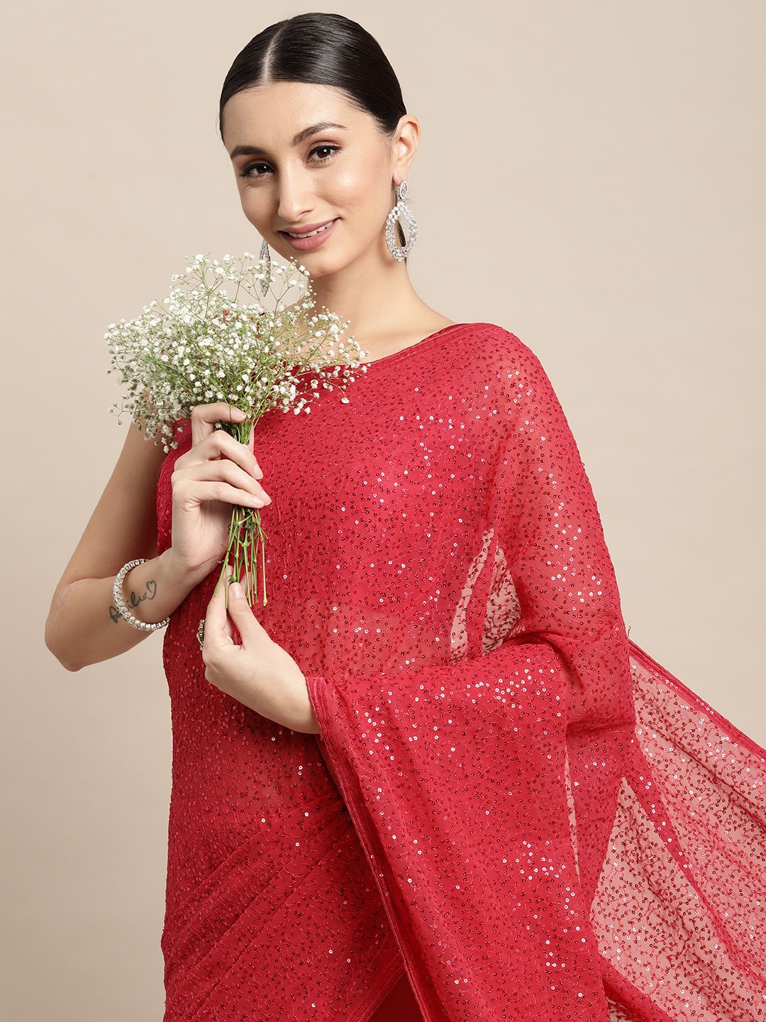 

VAIRAGEE Coral Pink Abstract Sequinned Saree