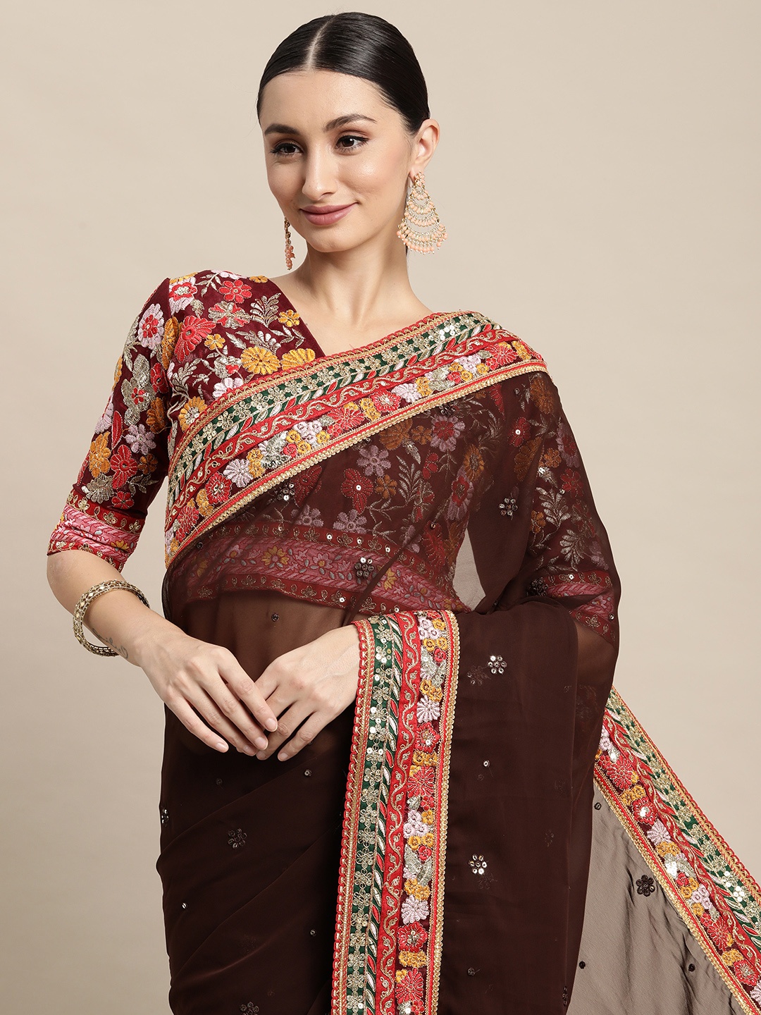 

VAIRAGEE Brown & Maroon Floral Embroidered Saree