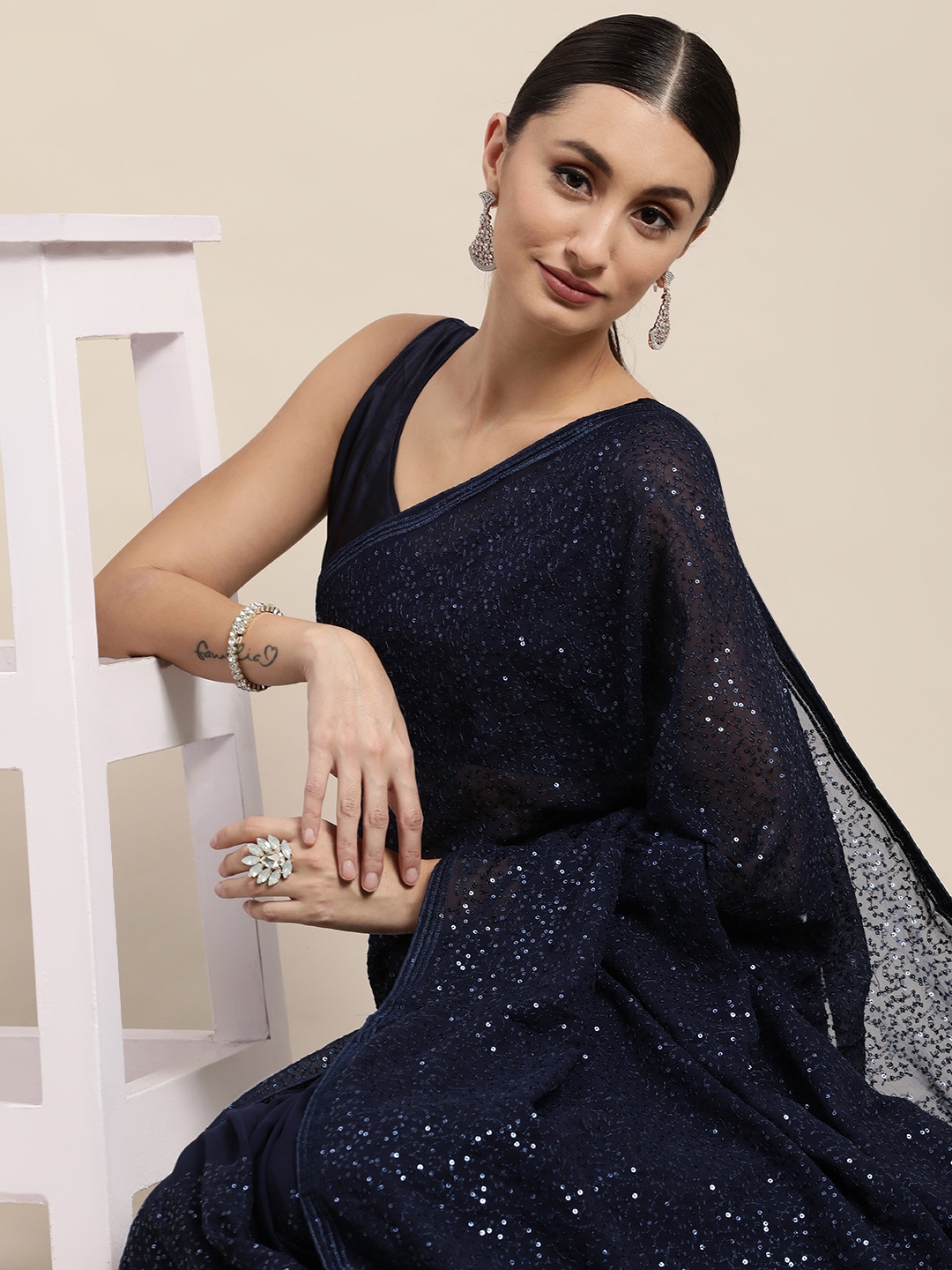 

VAIRAGEE Navy Blue Abstract Sequinned Saree