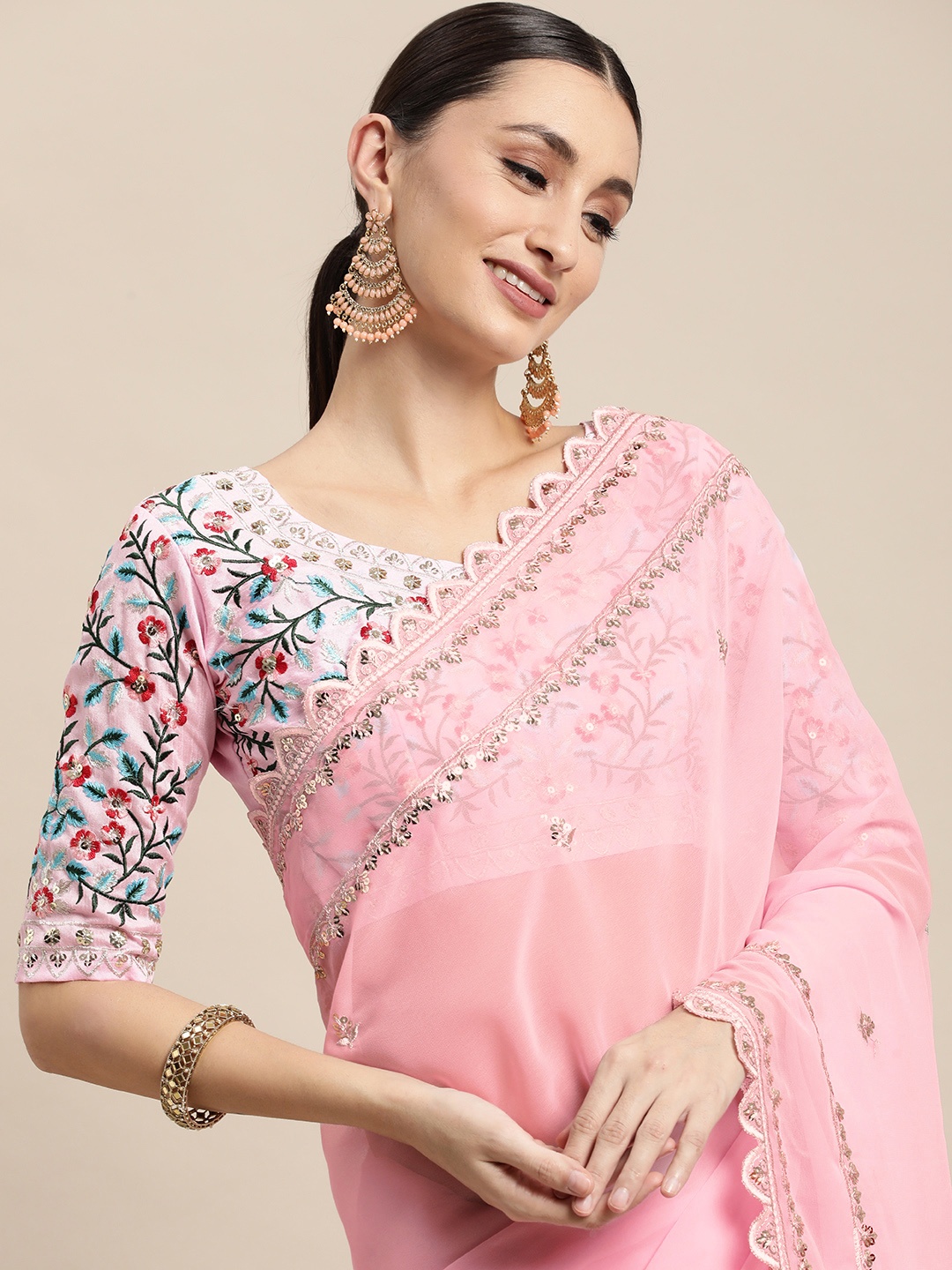 

VAIRAGEE Pink Floral Embroidered Saree