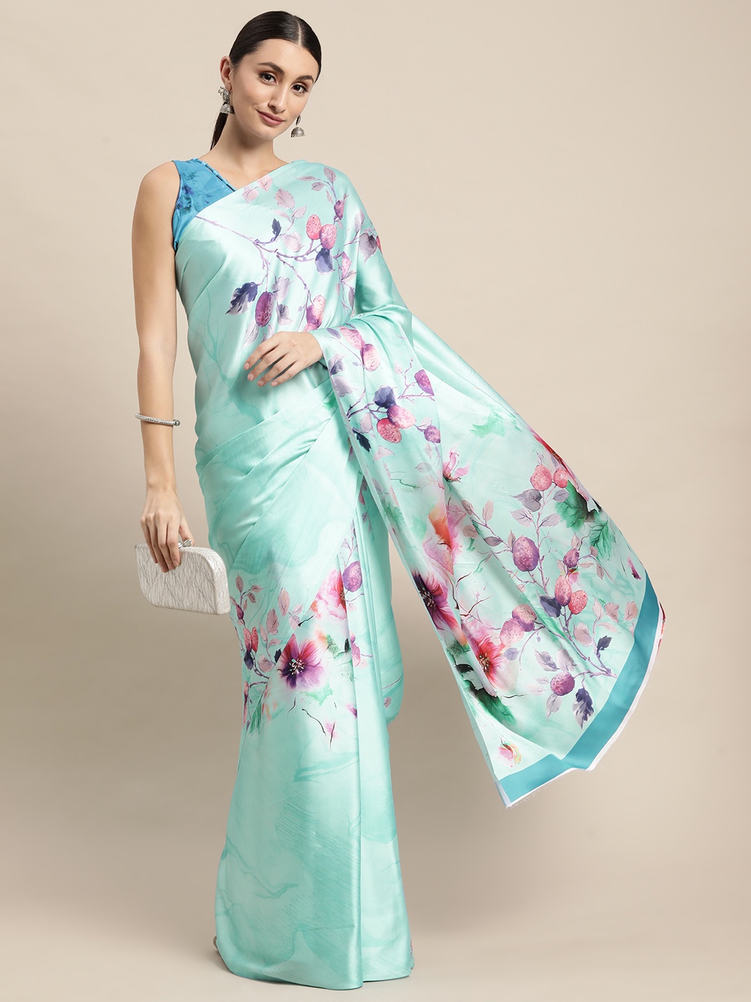 

VAIRAGEE Turquoise Blue & Pink Floral Printed Saree