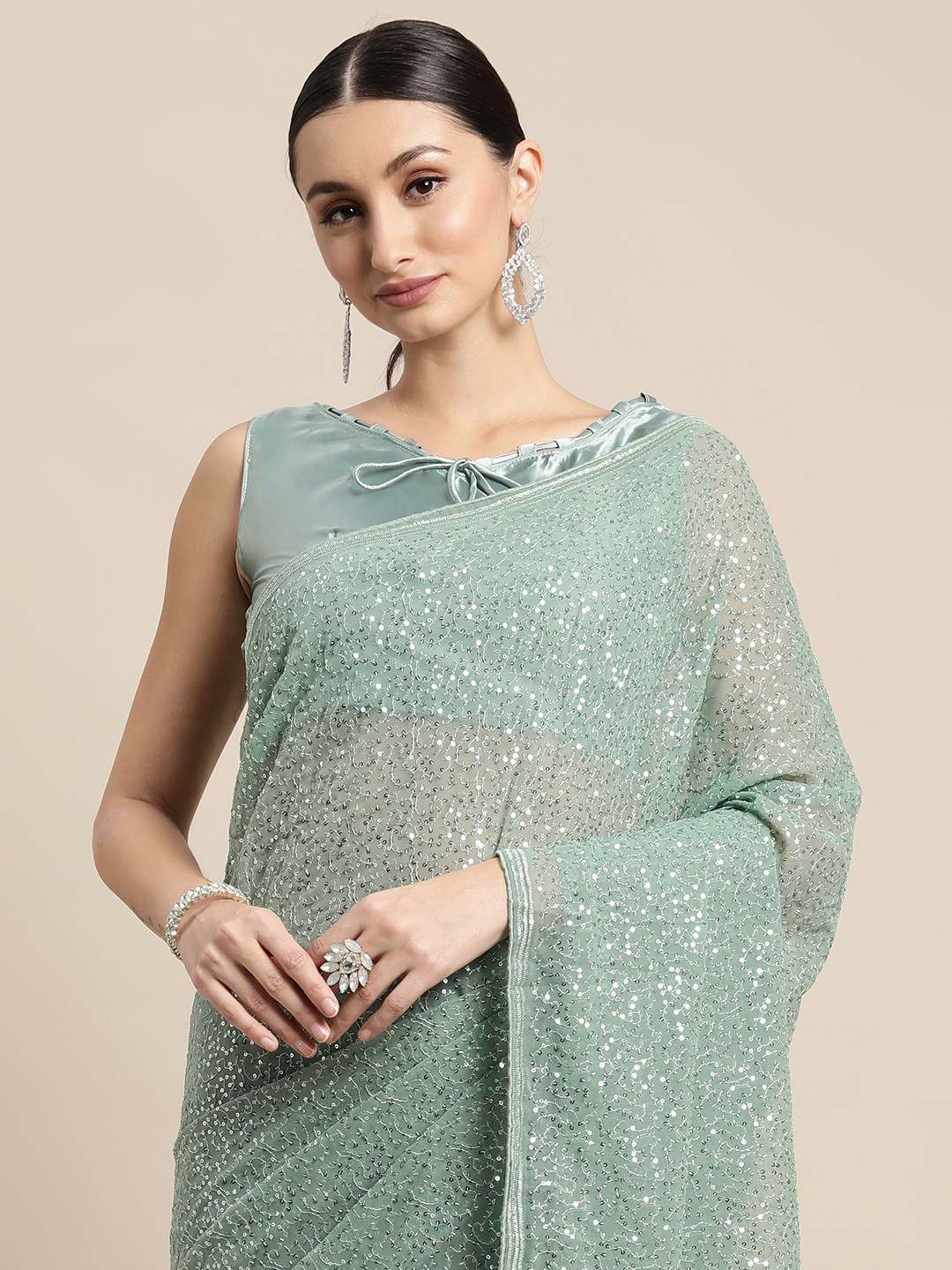 

VAIRAGEE Blue Abstract Sequinned Saree
