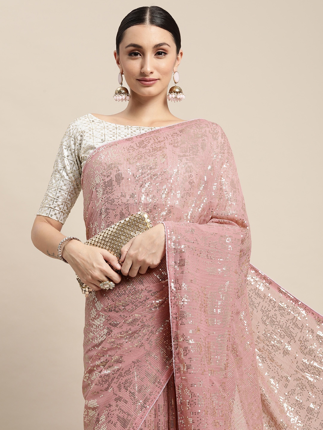 

VAIRAGEE Dusty Pink & Golden Sequinned Saree, Rose