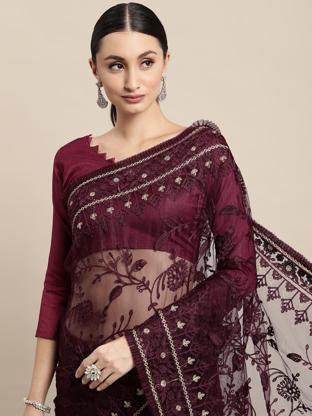 

VAIRAGEE Burgundy Floral Embroidered Net Saree