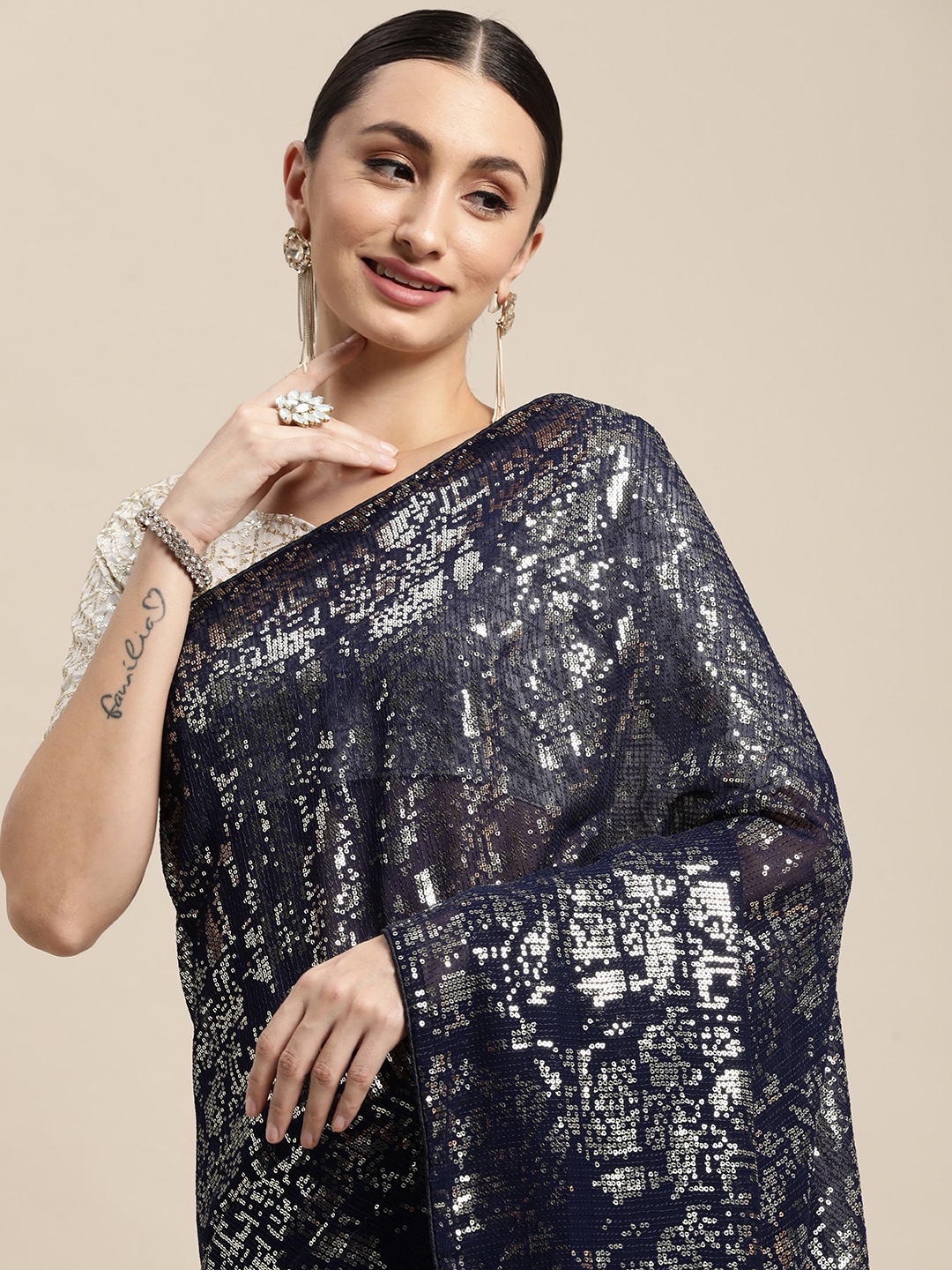 

VAIRAGEE Navy Blue Abstract Embroidered Saree
