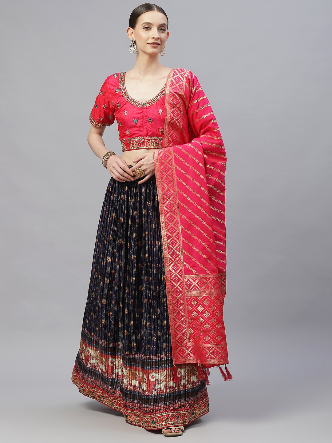 

Readiprint Fashions Navy Blue & Pink Embroidered Semi-Stitched Lehenga Set