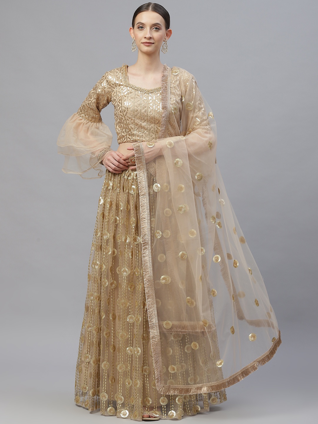 Readiprint Fashions Beige & Golden Embroidered Semi-Stitched Lehenga Set
