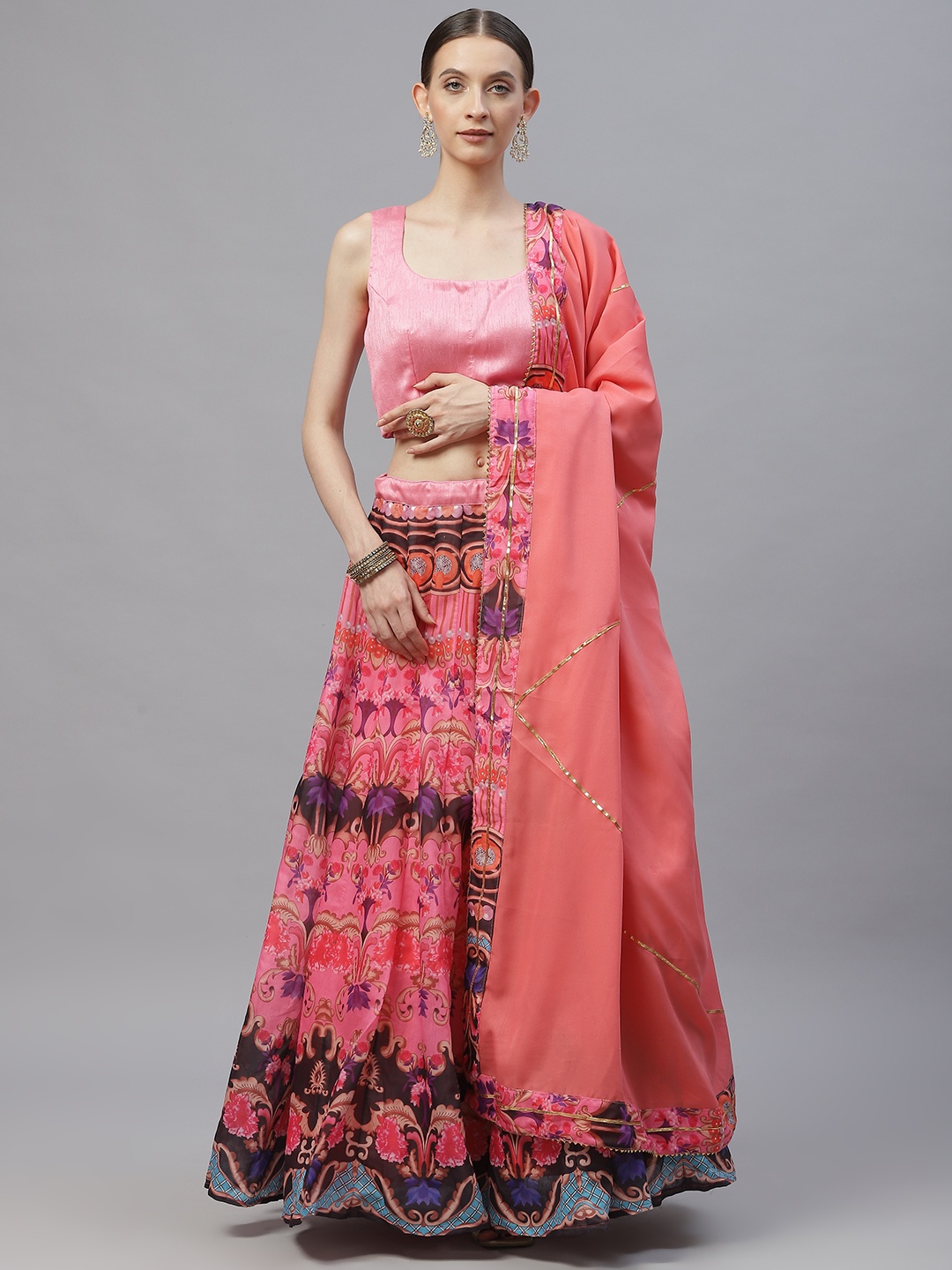 

Readiprint Fashions Pink Printed Semi-Stitched Lehenga & Unstitched Blouse With Dupatta