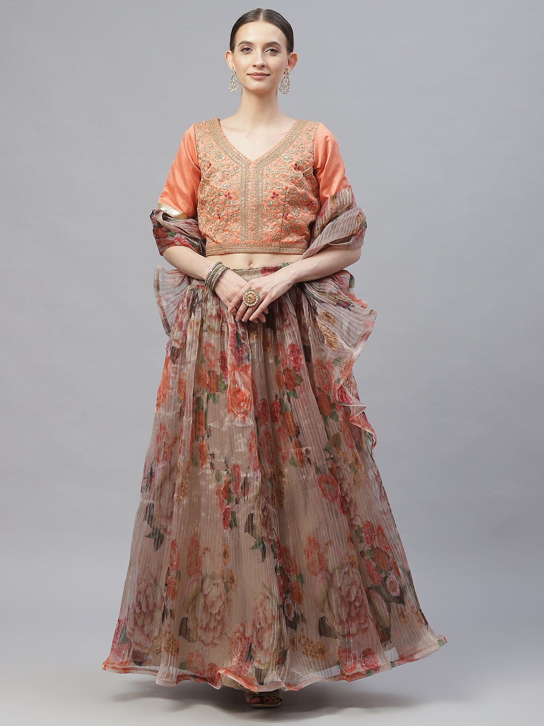 

Readiprint Fashions Grey & Peach-Coloured Embroidered Semi-Stitched Lehenga & Unstitched Blouse With Dupatta