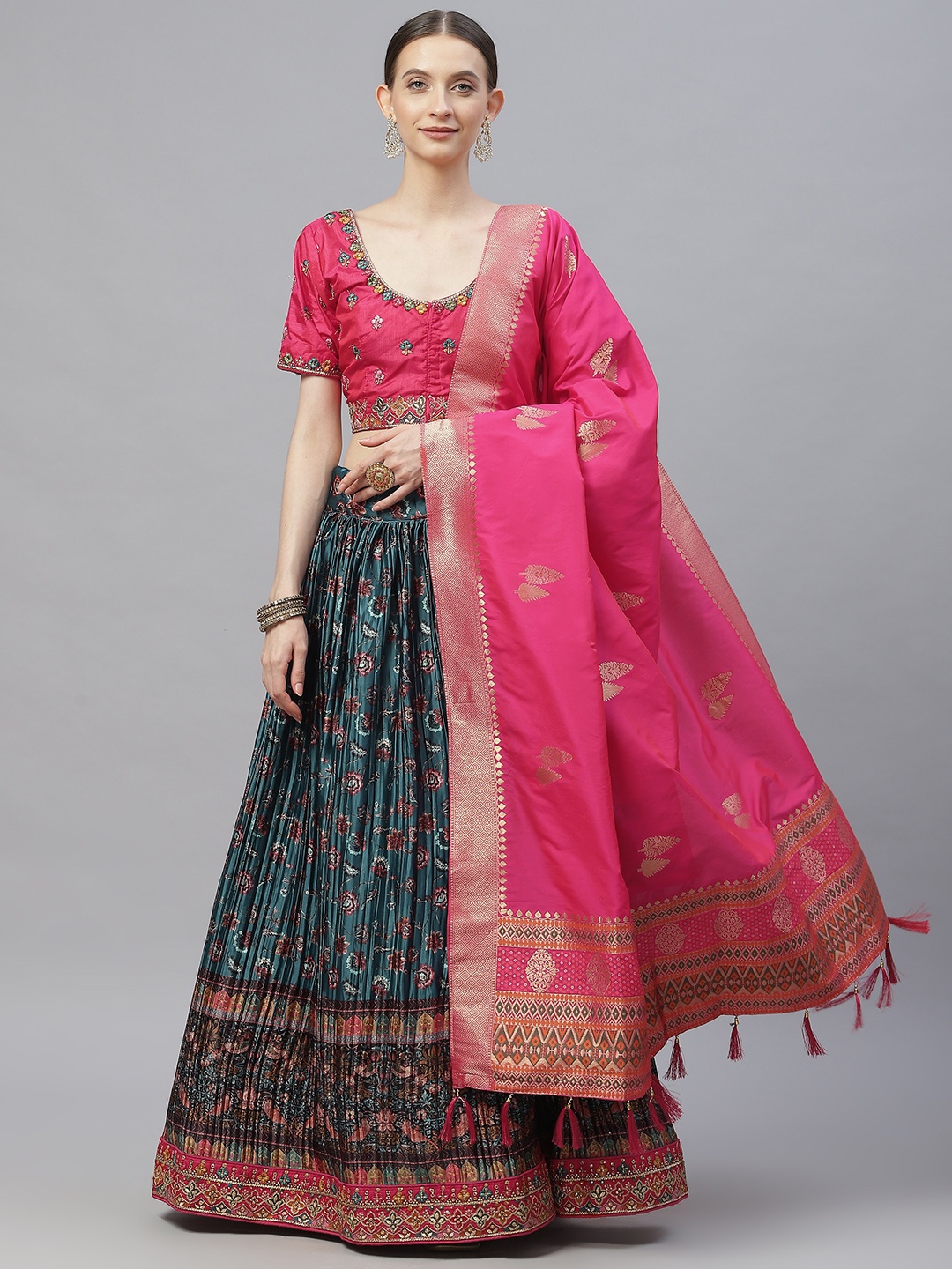 

Readiprint Fashions Blue & Pink Embroidered Thread Work Semi-Stitched Lehenga & Unstitched Blouse With