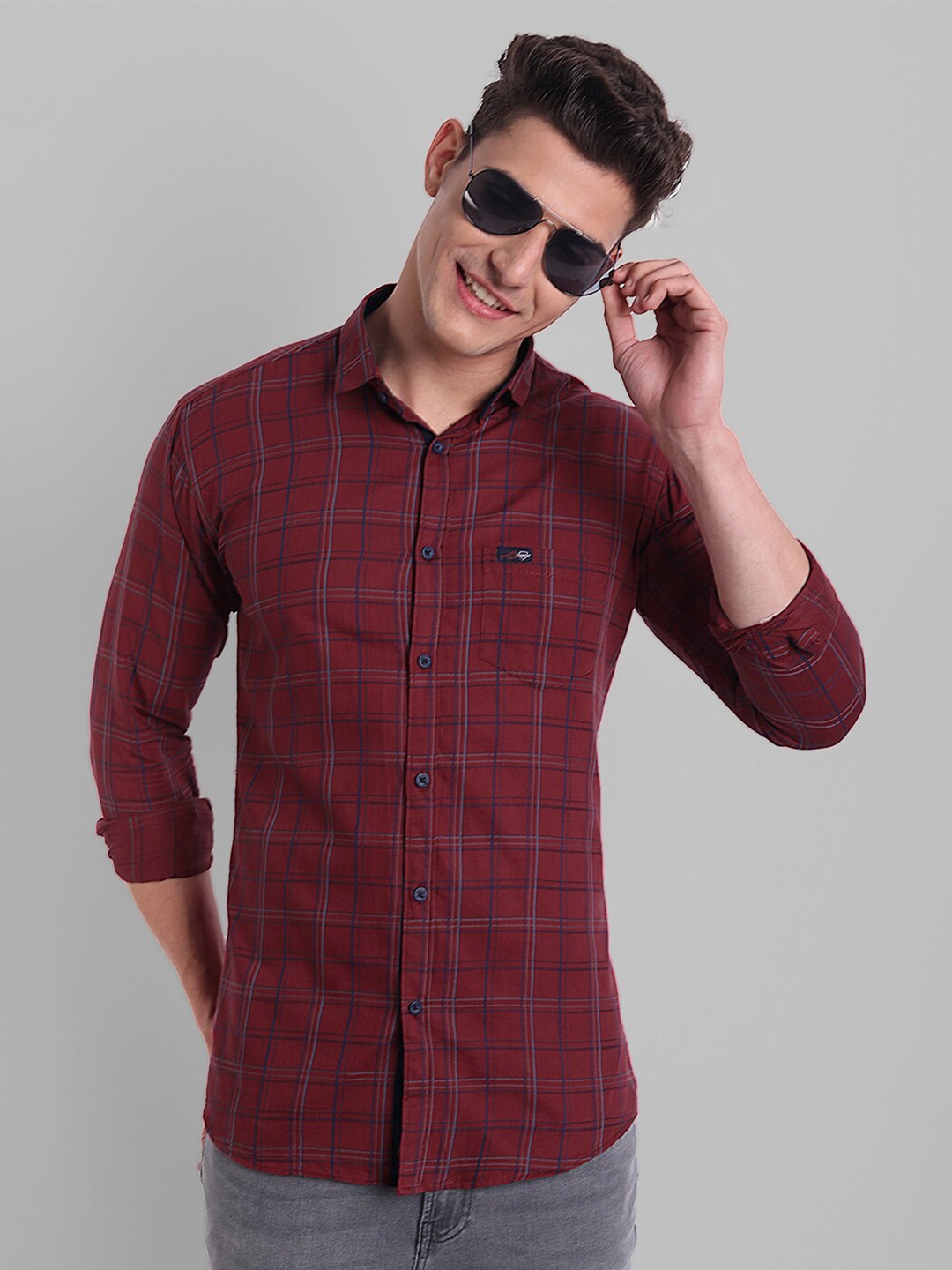 

Majestic Man Men Maroon Slim Fit Tartan Checks Checked Pure Cotton Casual Shirt