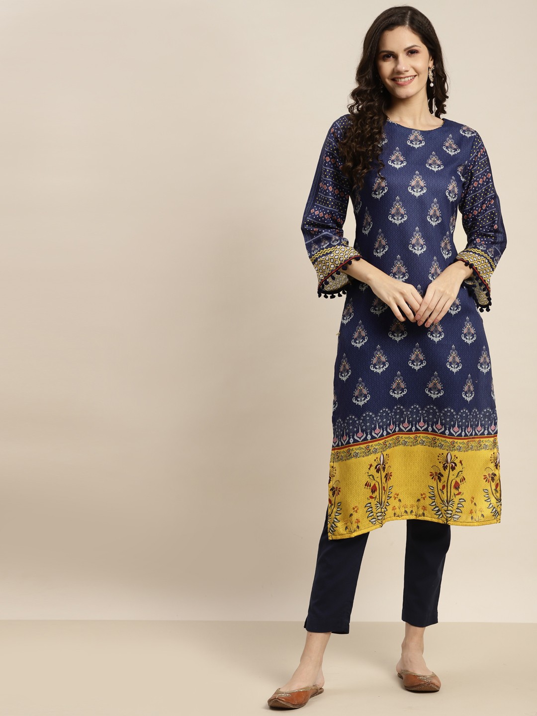 

Tikhi Imli Women Blue & Mustard Yellow Ethnic Motifs Printed Kurta