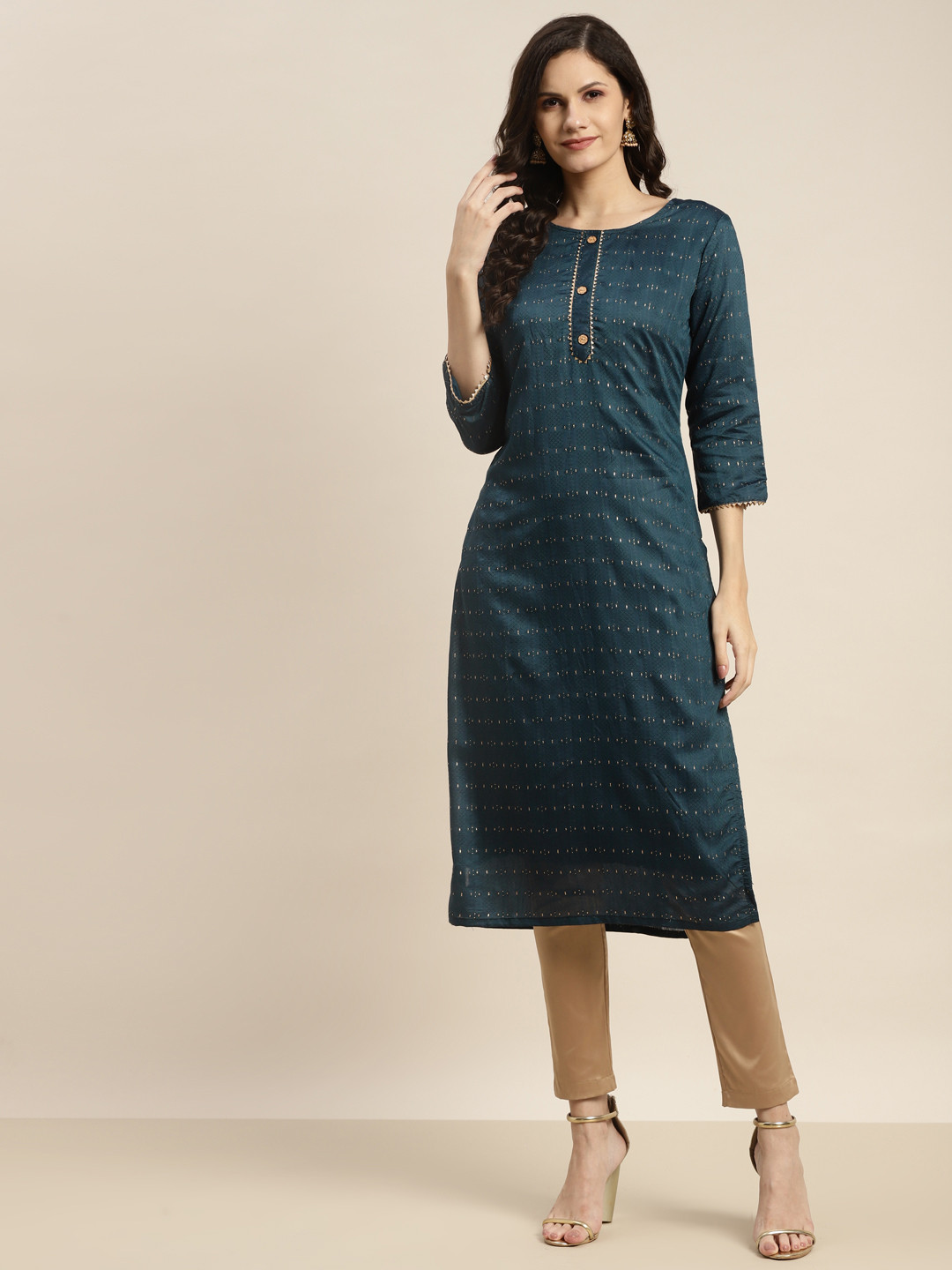 

Tikhi Imli Women Teal Chanderi Dobby Kurta