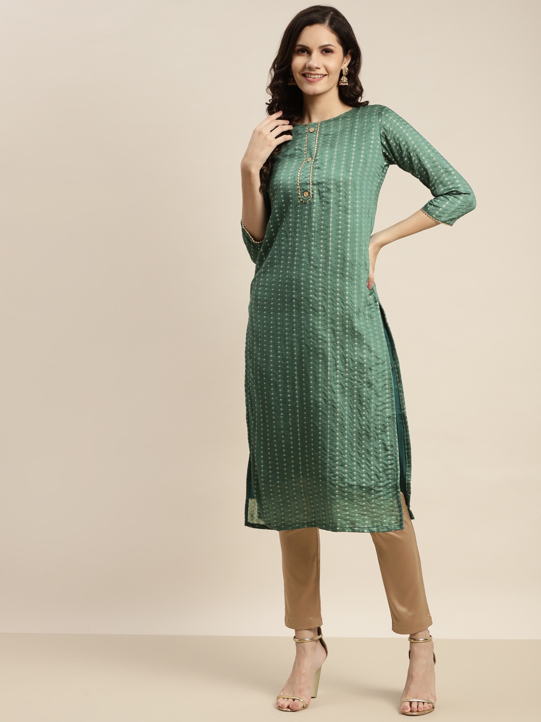 

Tikhi Imli Women Green Gotta Patti Dobby Kurta