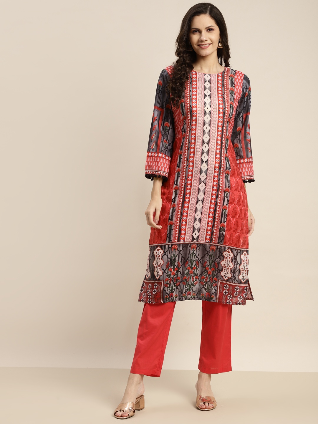 

Tikhi Imli Women Red & Grey Ethnic Motifs Printed Kurta