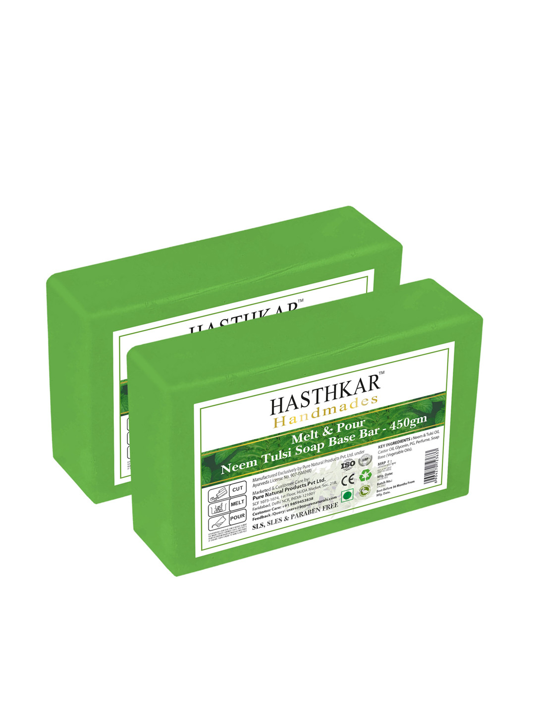 

Hasthkar Handmades Set of 2 Melt & Pour Neem Tulsi Soap Base Bar for Soap Making-450g each, Green