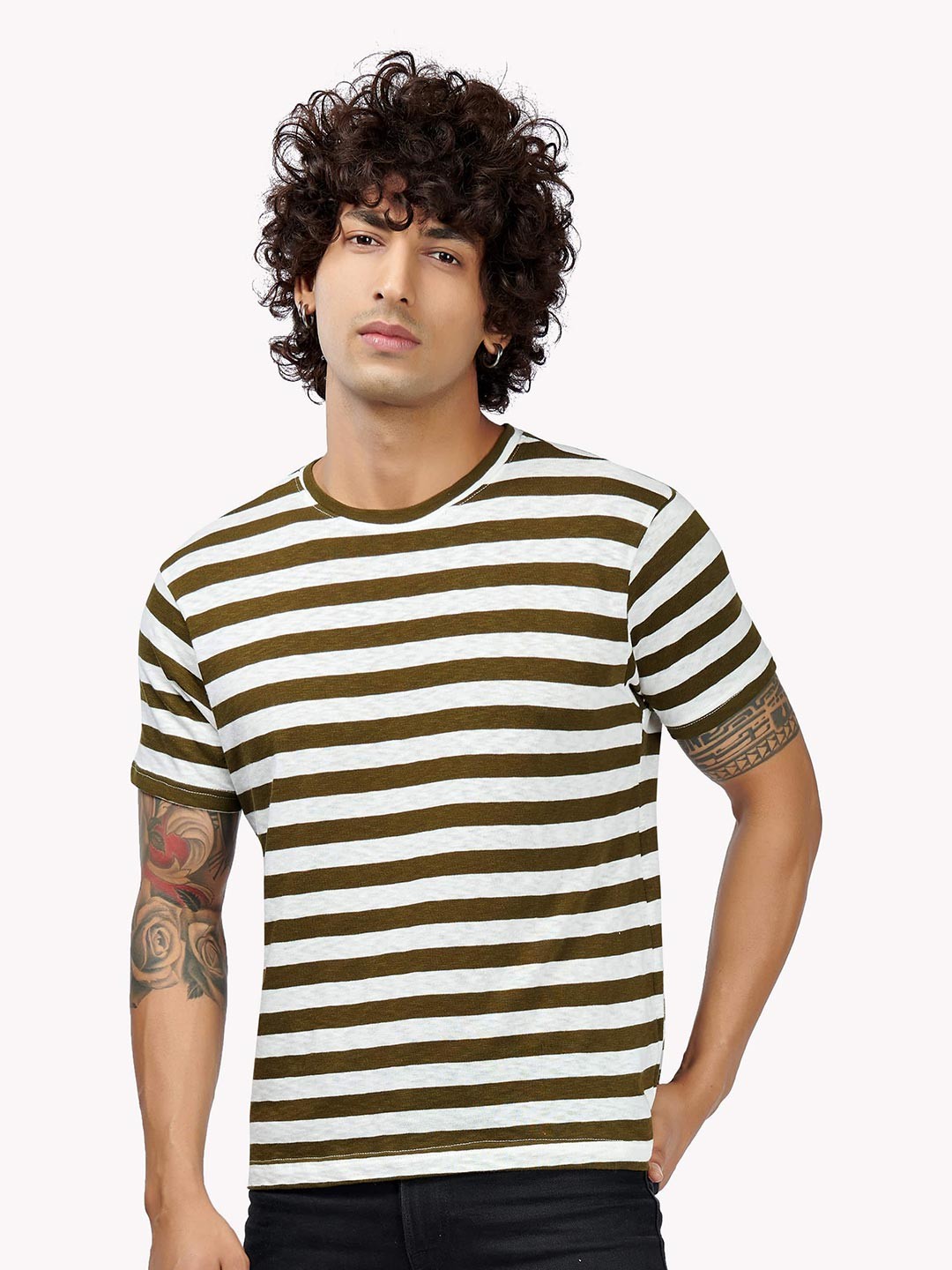

VASTRADO Men Olive Green & White Striped T-shirt