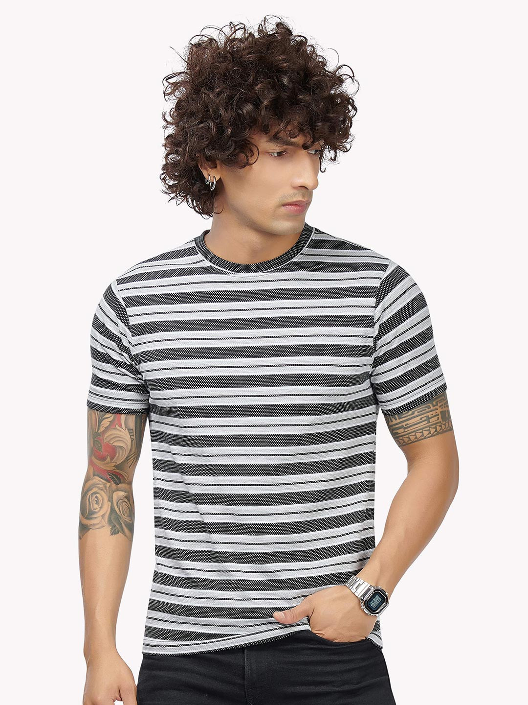 

VASTRADO Men Grey & Navy Blue Striped Cotton T-shirt