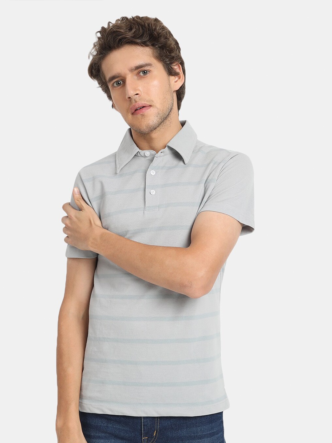 

VASTRADO Men Grey Striped Polo Collar Cotton T-shirt