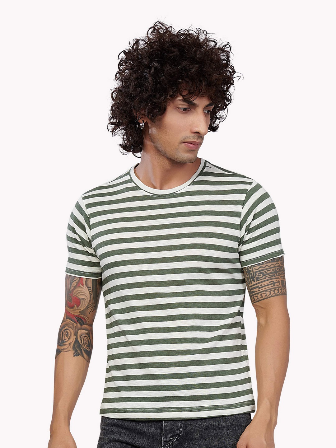 

VASTRADO Men Olive Green Striped T-shirt