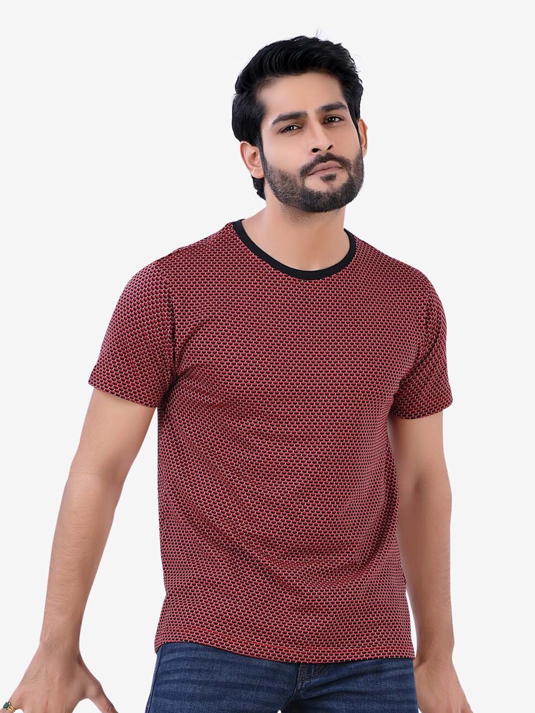 

VASTRADO Men Red Printed Raw Edge Round Neck T-shirt
