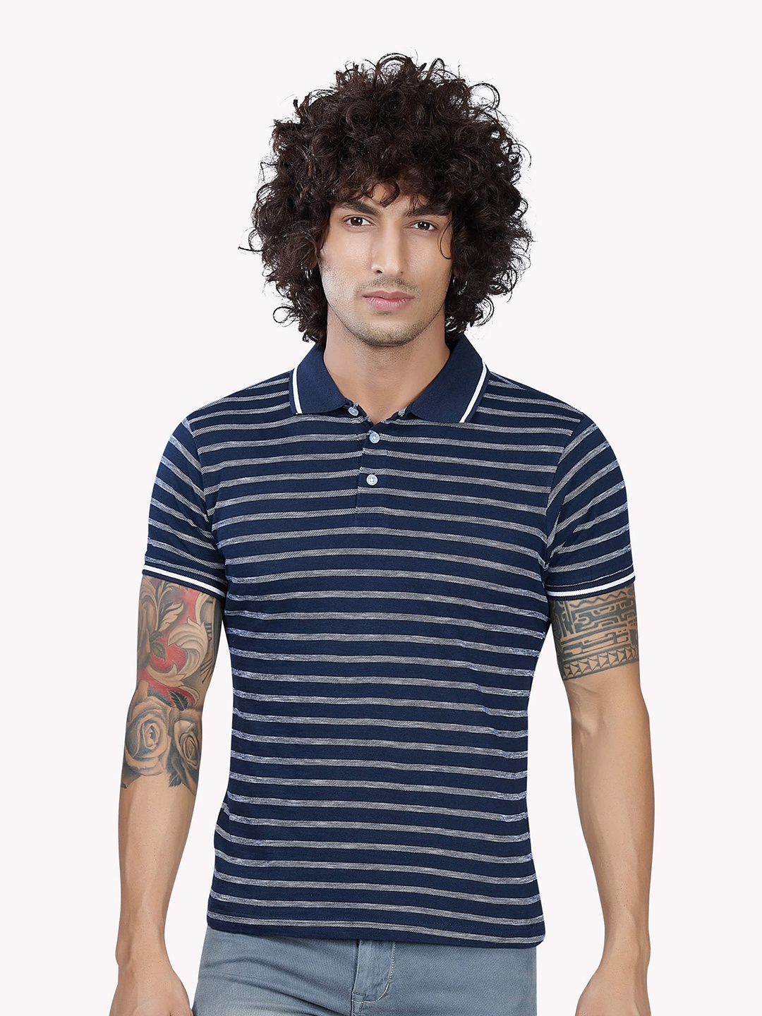 

VASTRADO Men Navy Blue Striped Polo Collar T-shirt