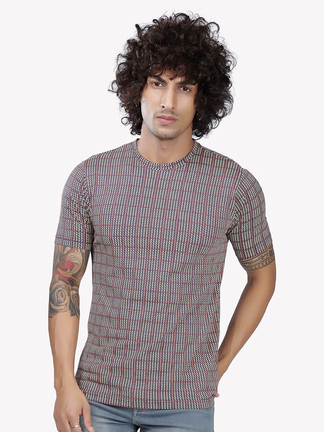 

VASTRADO Men Beige & Blue Checked Henley Neck T-shirt