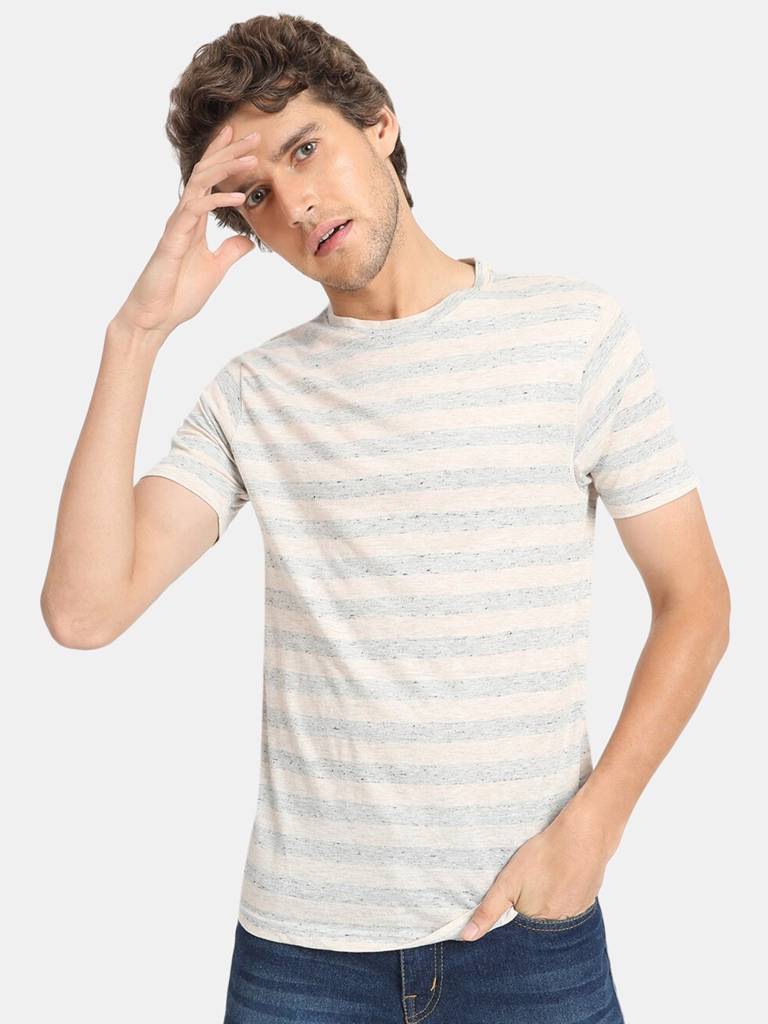 

VASTRADO Men Beige Striped Cotton Casual T-shirt
