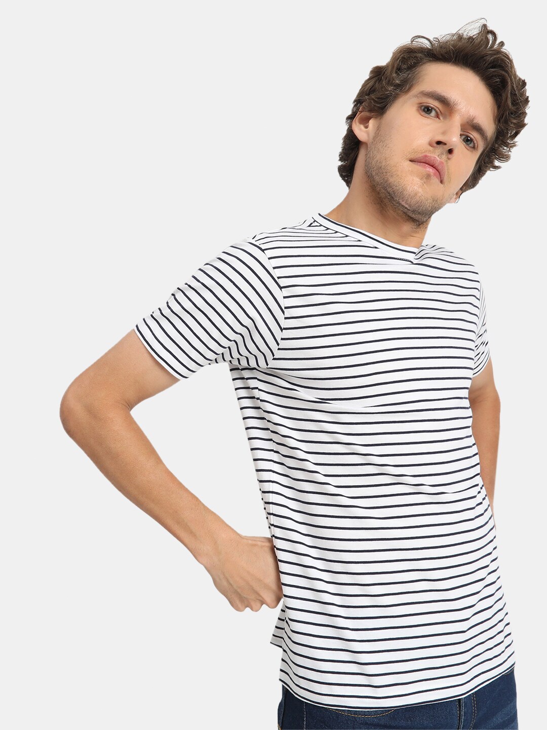 

VASTRADO Men White & Black Striped T-shirt