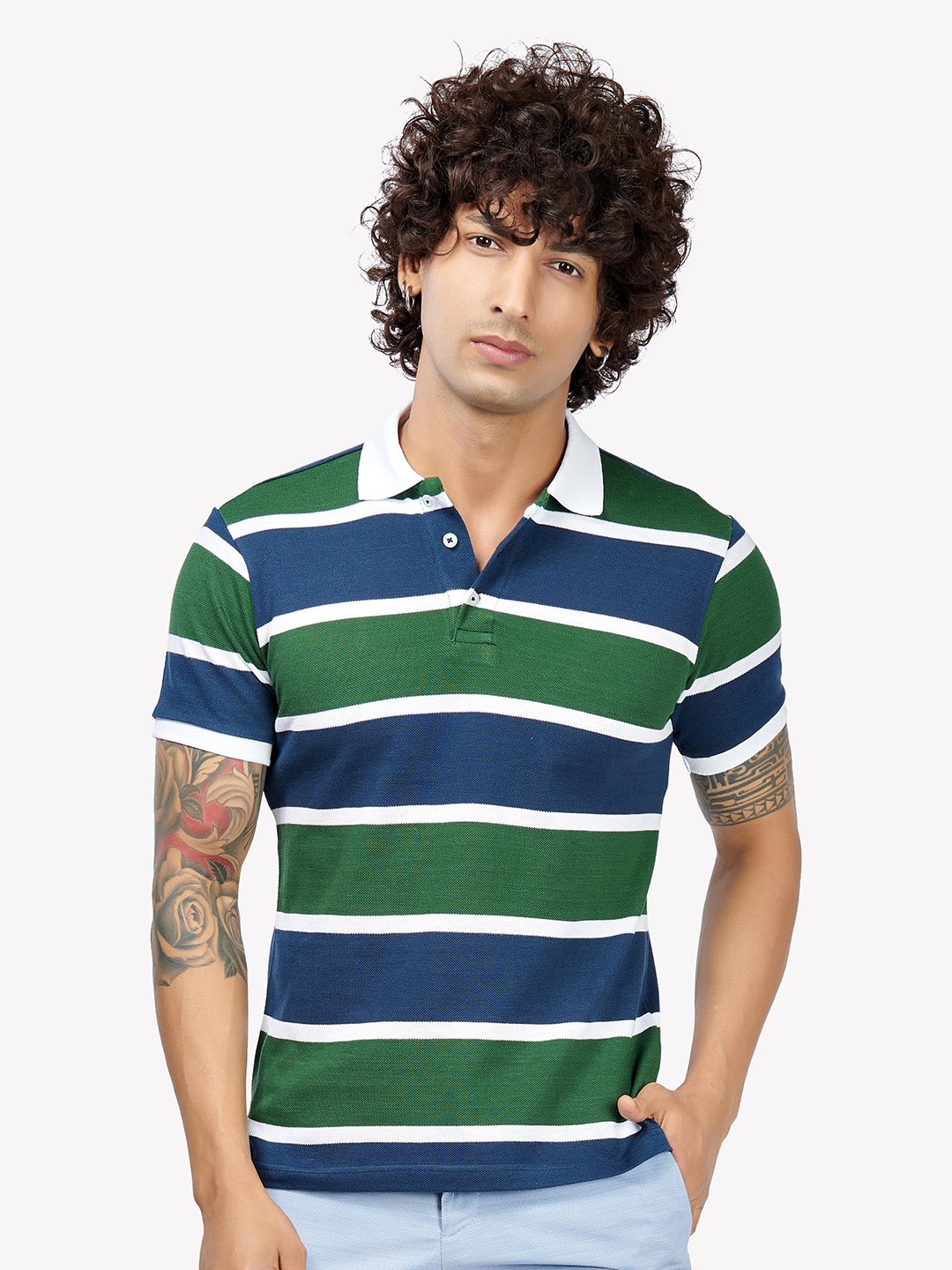 

VASTRADO Men Green & Blue Striped Polo Collar T-shirt