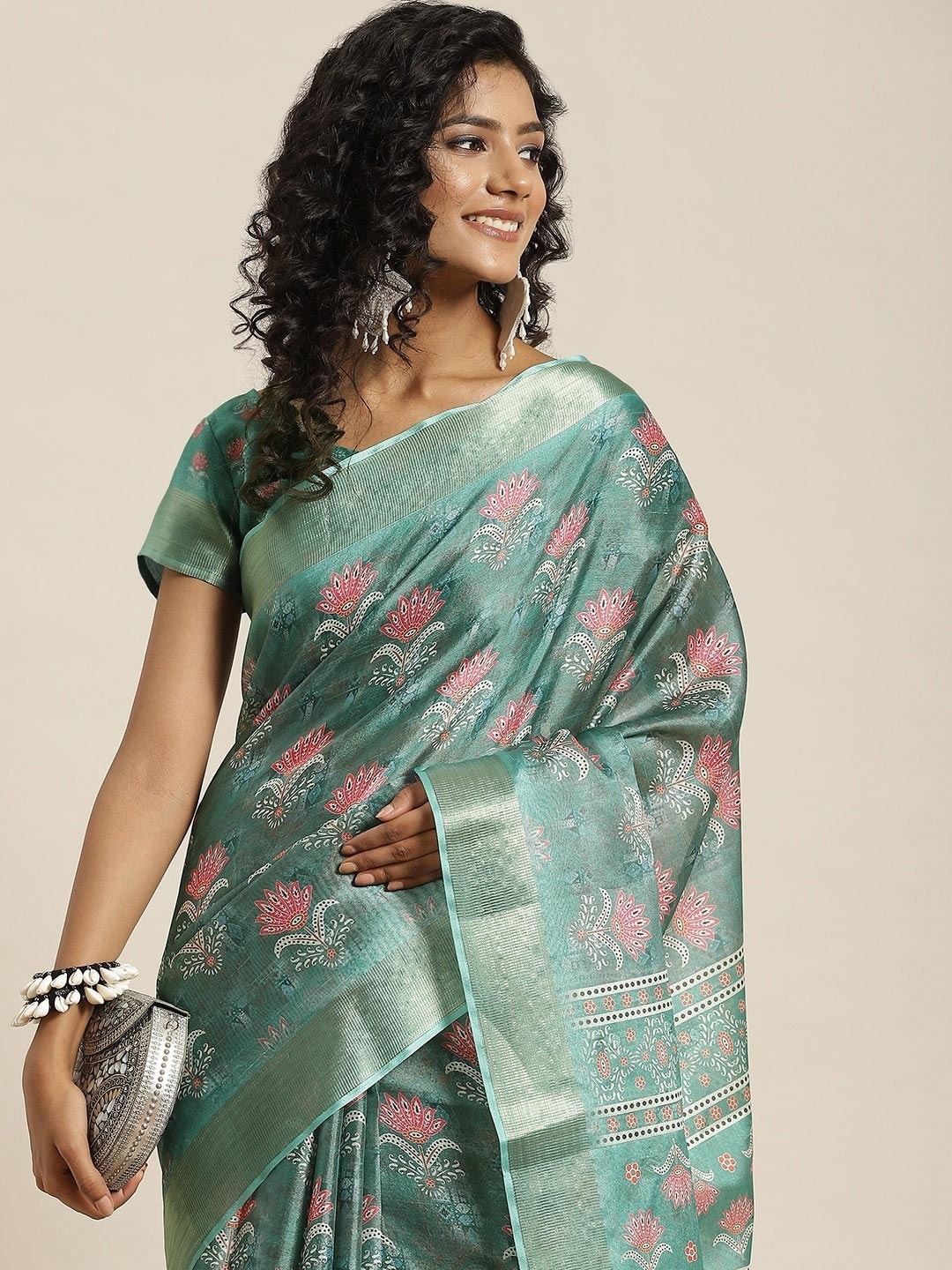 

all about you Sea Green & Pink Floral Zari Silk Blend Fusion Mysore Silk Saree