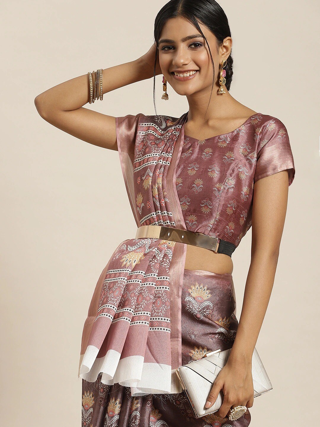 

all about you Mauve & White Floral Zari Silk Blend Fusion Mysore Silk Saree