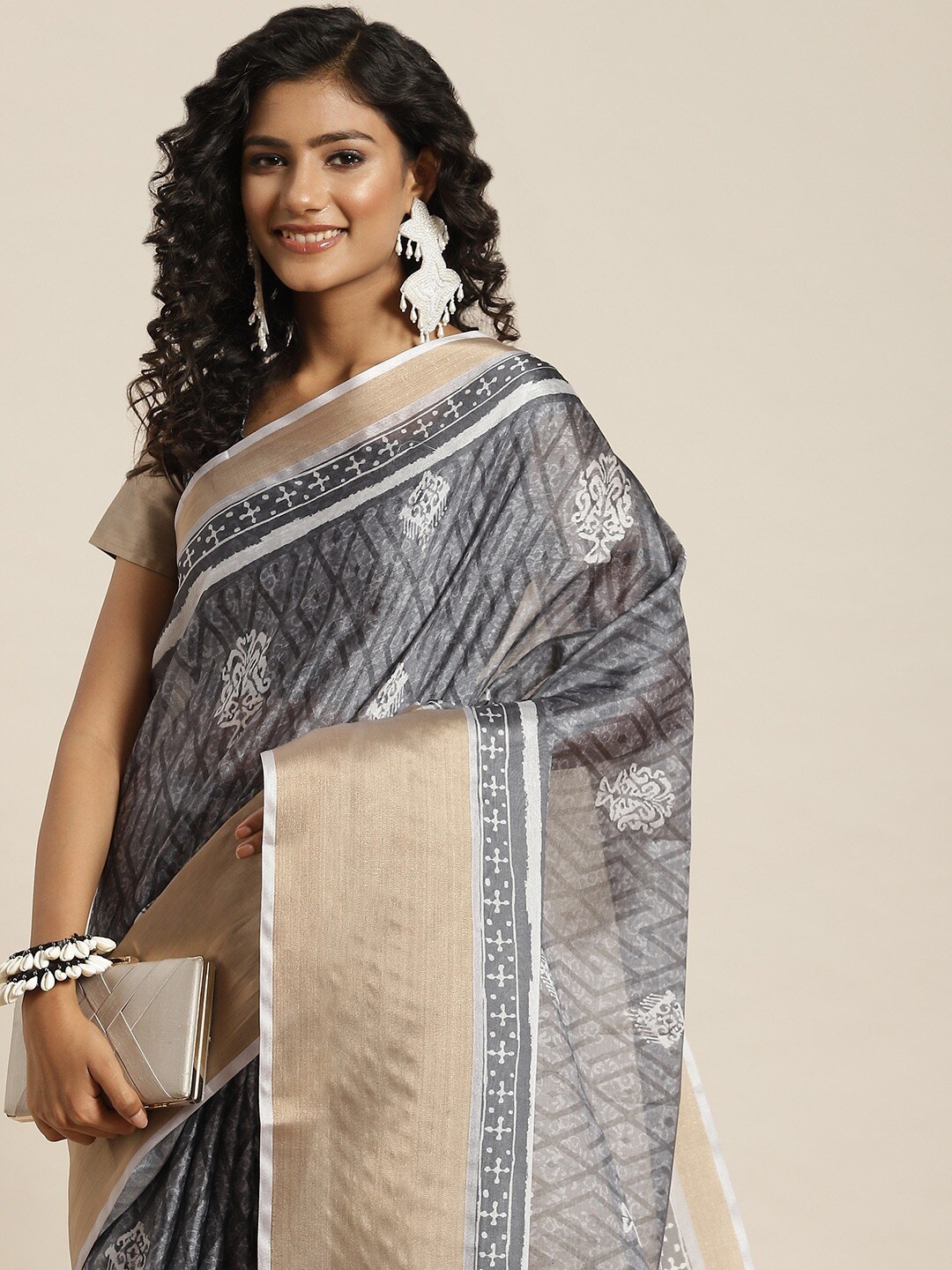 

all about you Grey & Gold-Toned Floral Zari Silk Blend Fusion Mysore Silk Saree