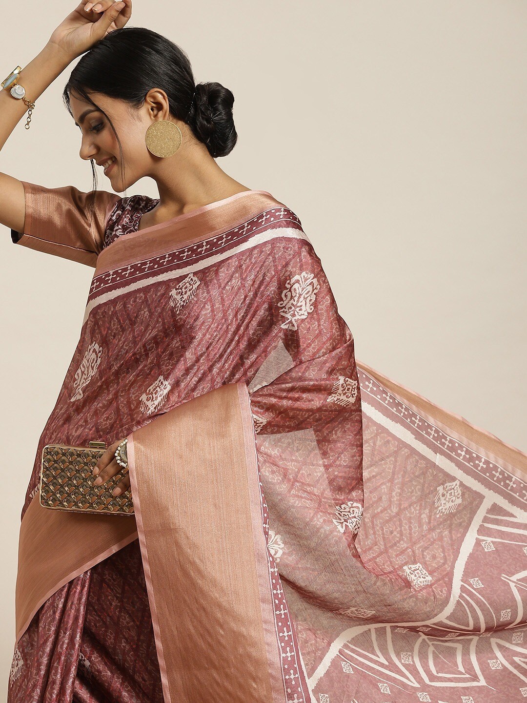 

all about you Mauve & Gold-Toned Silk Blend Printed Saree