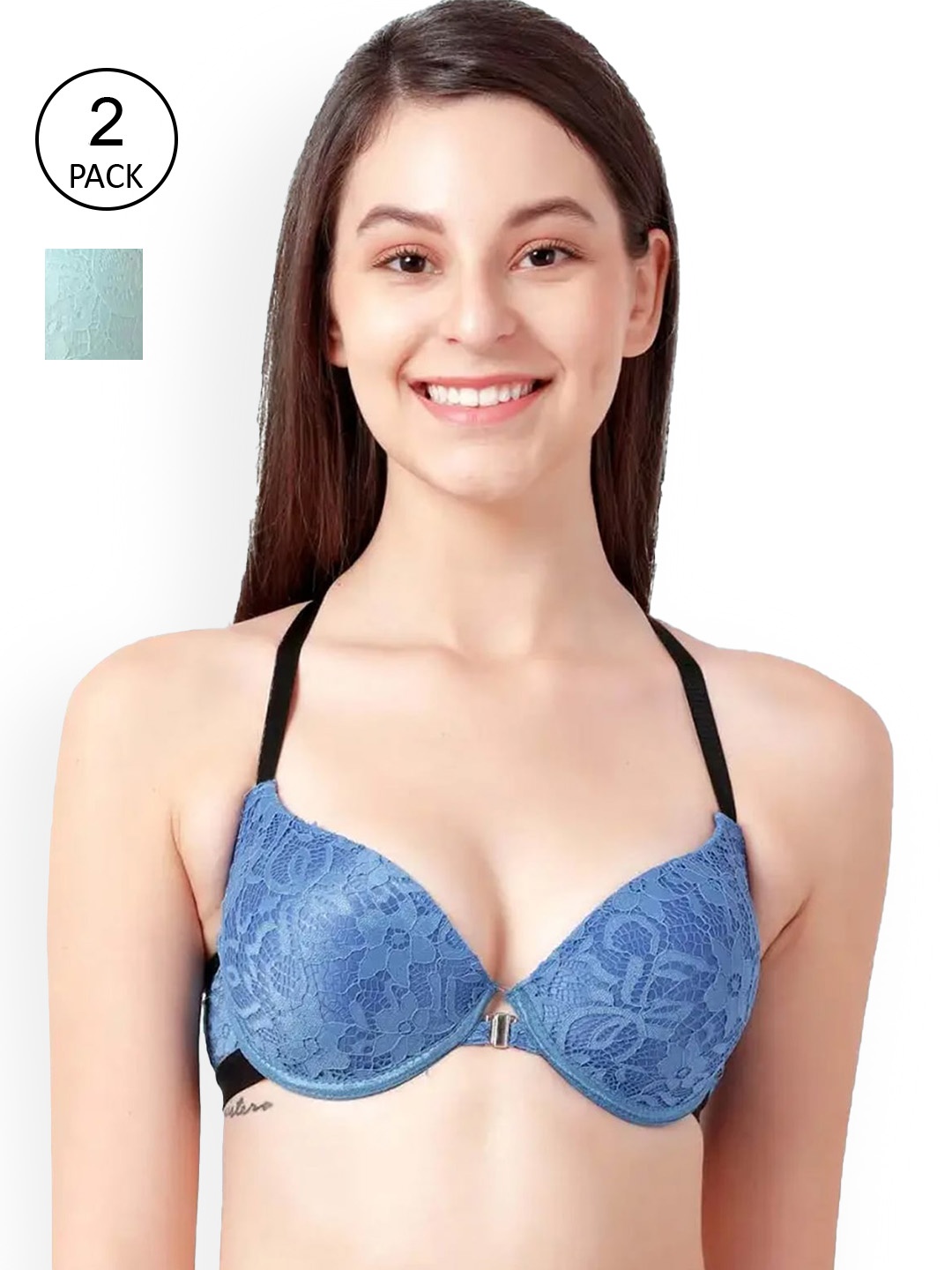 

Susie Pack Of 2 Green & Blue Lace Underwired Lightly Padded Floral Bra