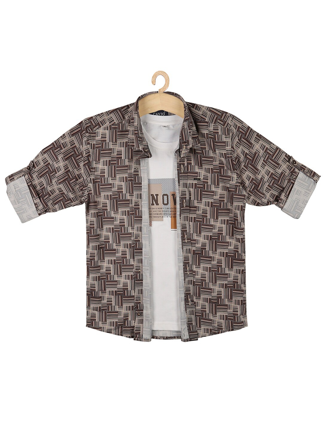 

CAVIO Boys Geometric Printed Casual Shirt & T-Shirt, Brown