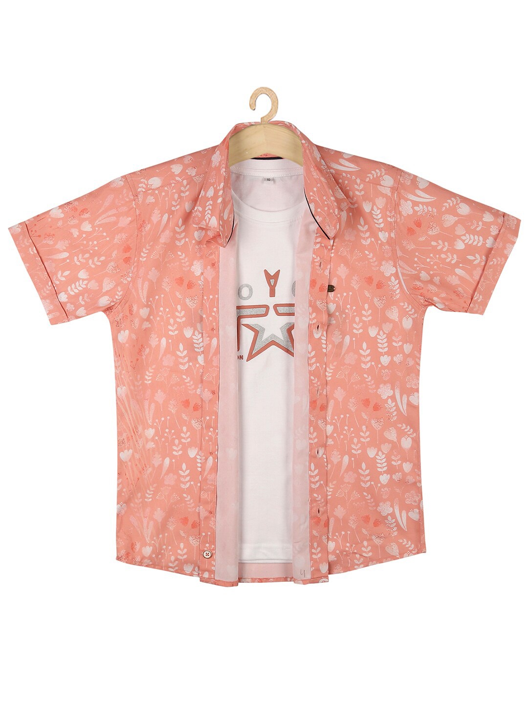 

CAVIO Boys Peach-Coloured Floral Printed Casual Shirt & T-Shirt