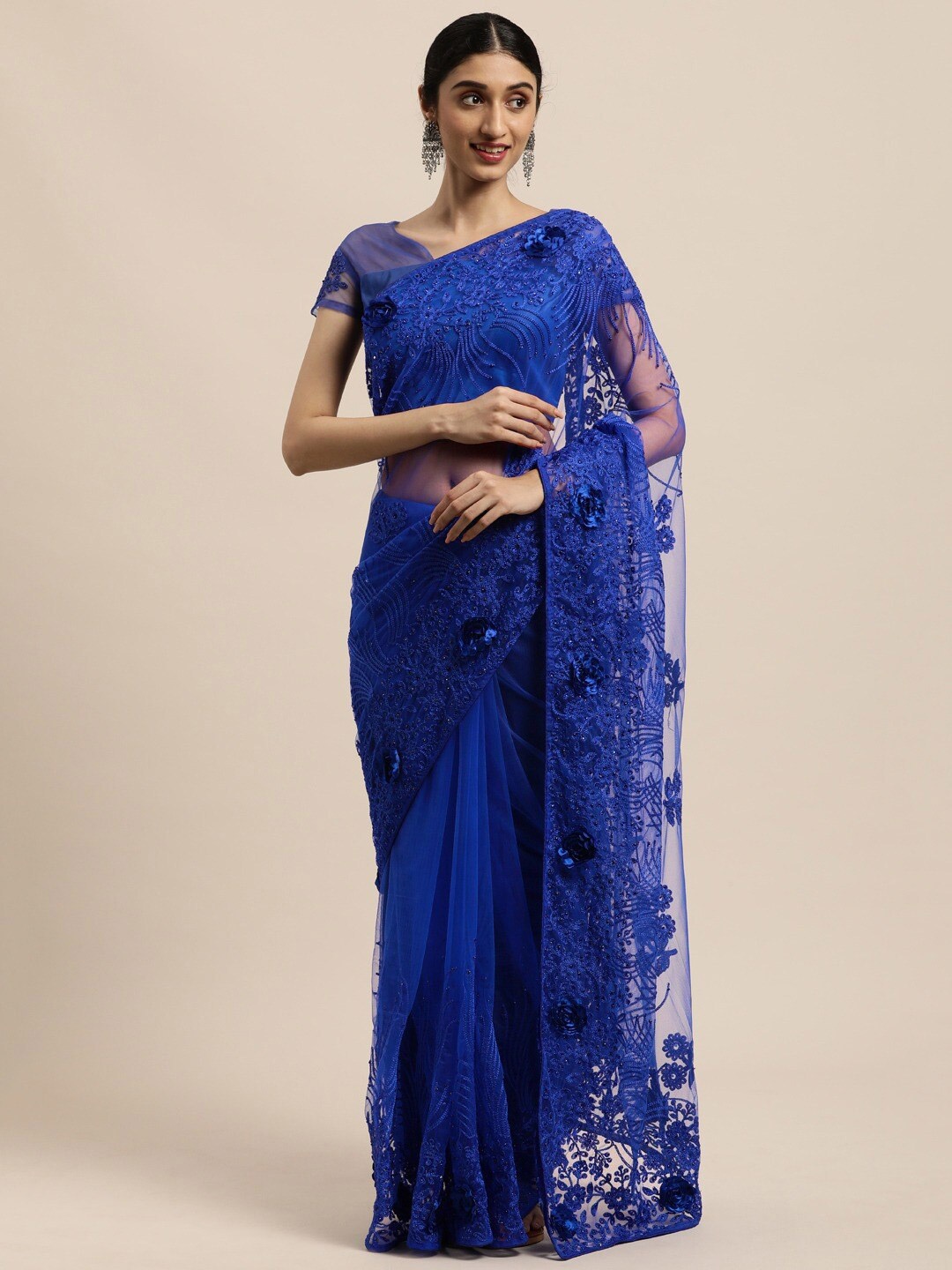 

all about you Blue Floral Embroidered Net Fusion Saree