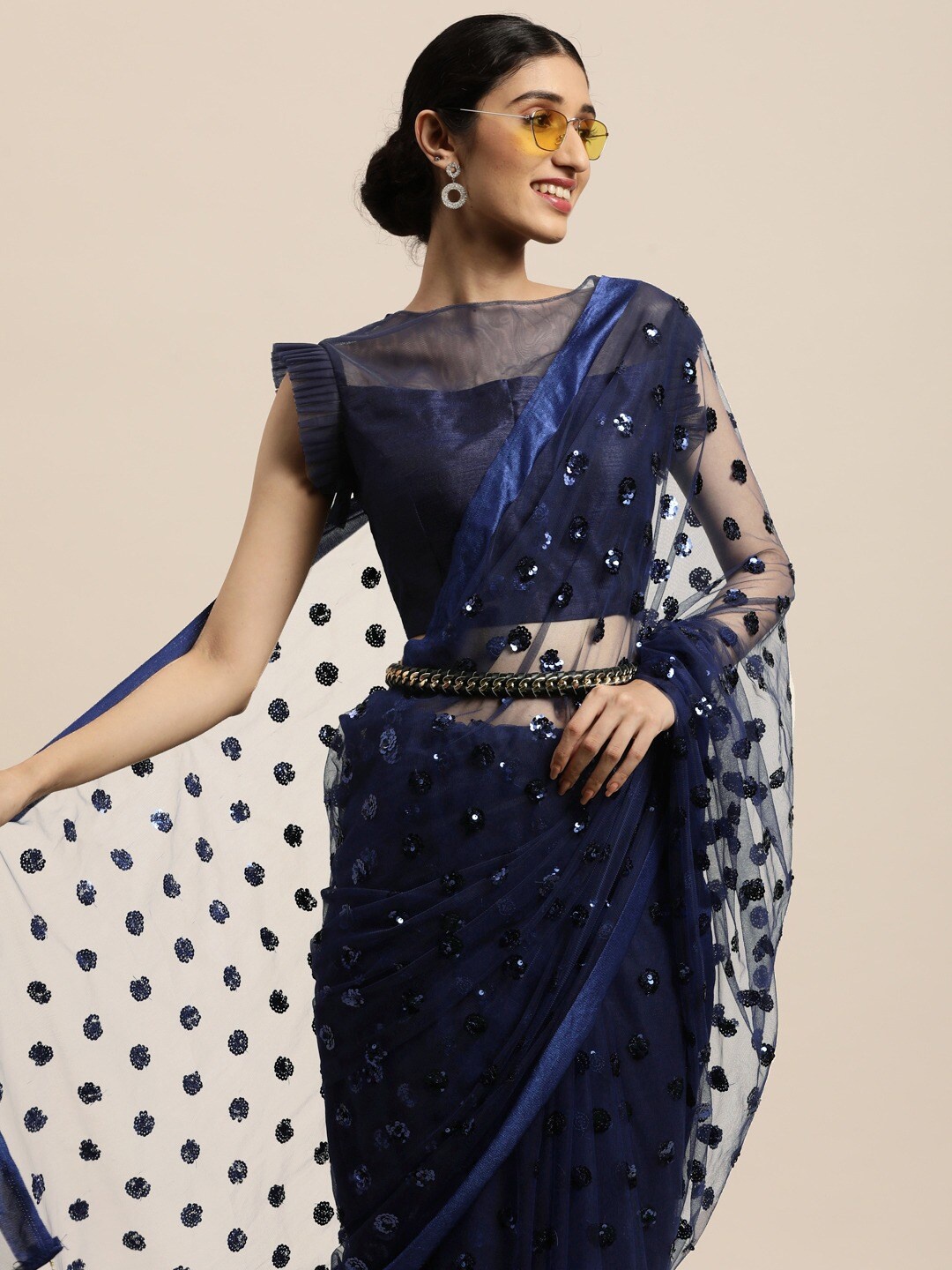 

all about you Navy Blue Embellished Net Fusion Saree