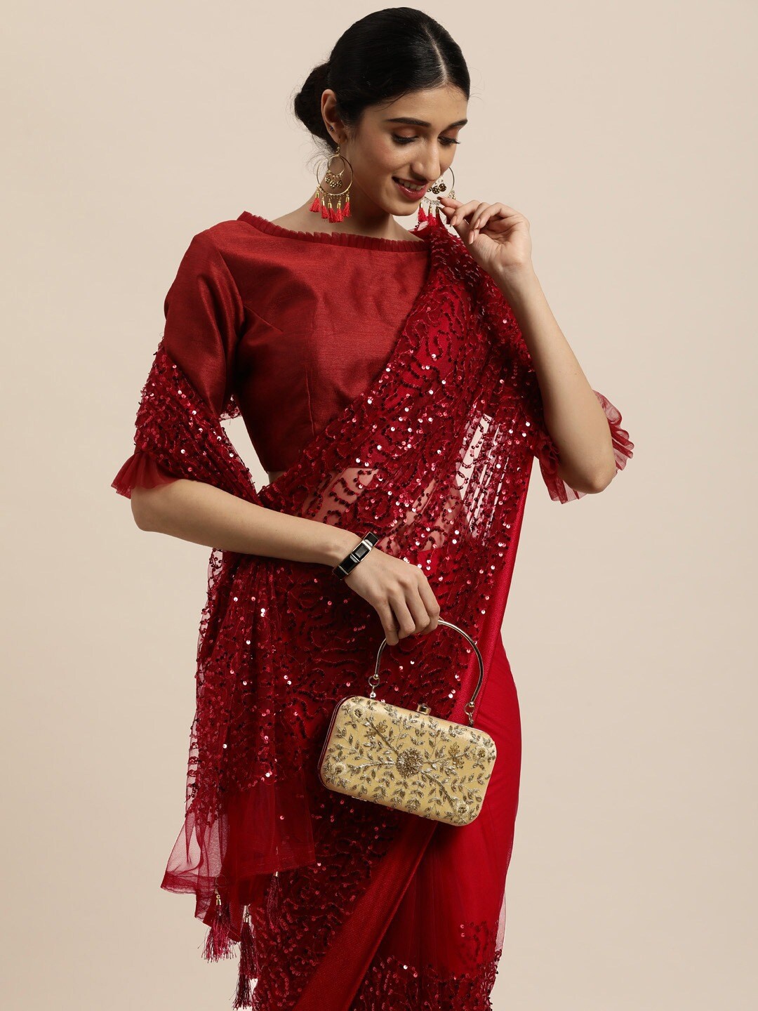 

all about you Women Maroon Floral Embroidered Net Fusion Saree & Matching Color Blouse
