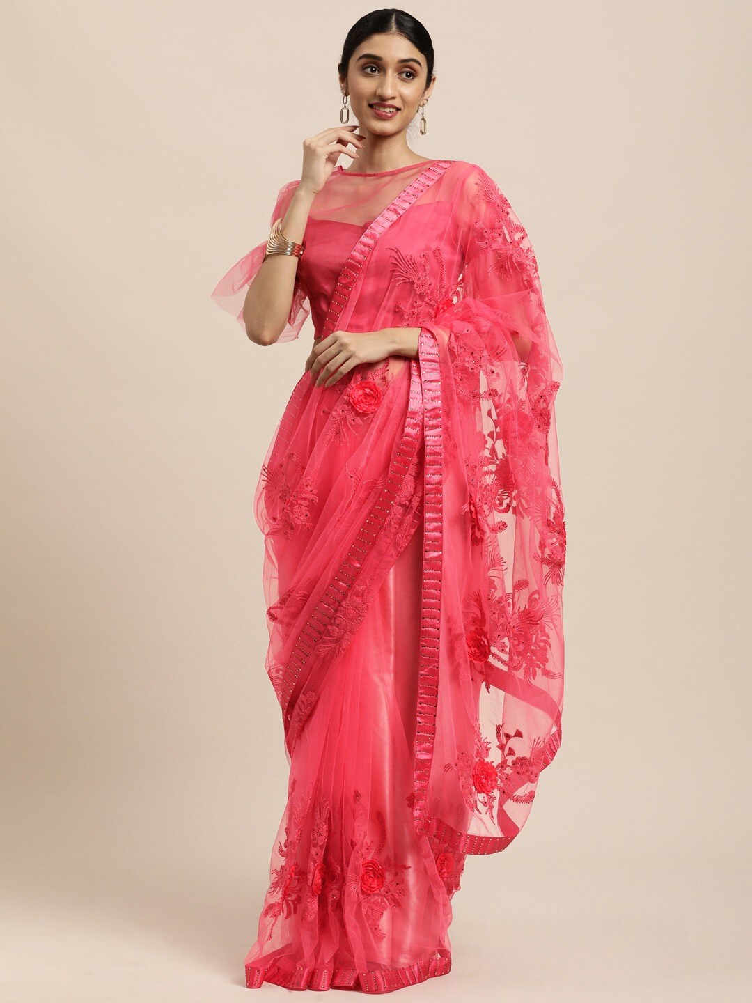 

all about you Women Pink Floral Embroidered Net Fusion Saree & Matching Color Blouse
