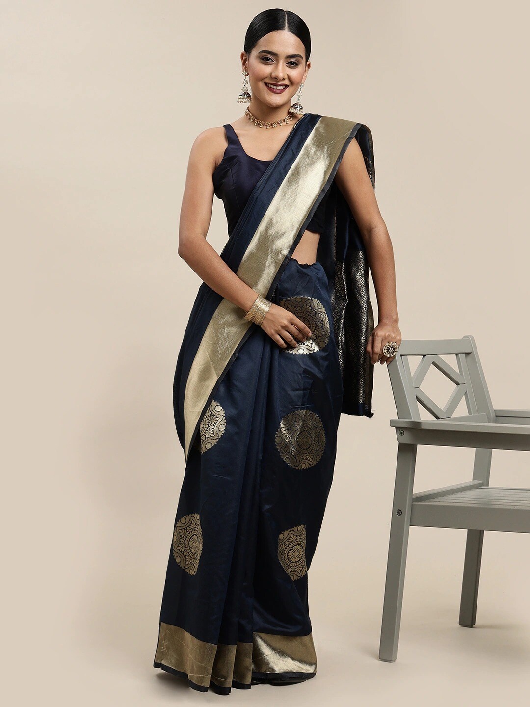 

Mitera Navy Blue & Gold-Toned Ethnic Motifs Zari Silk Blend Banarasi Saree