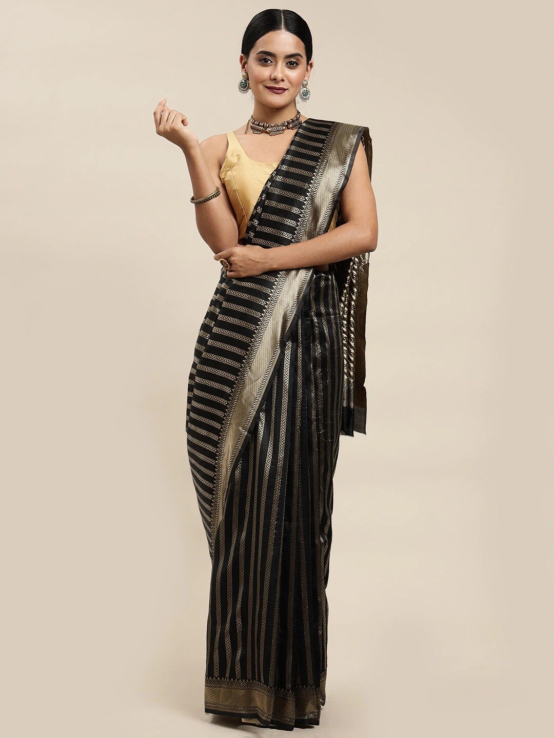 

Mitera Black & Gold-Toned Striped Zari Silk Blend Banarasi Saree