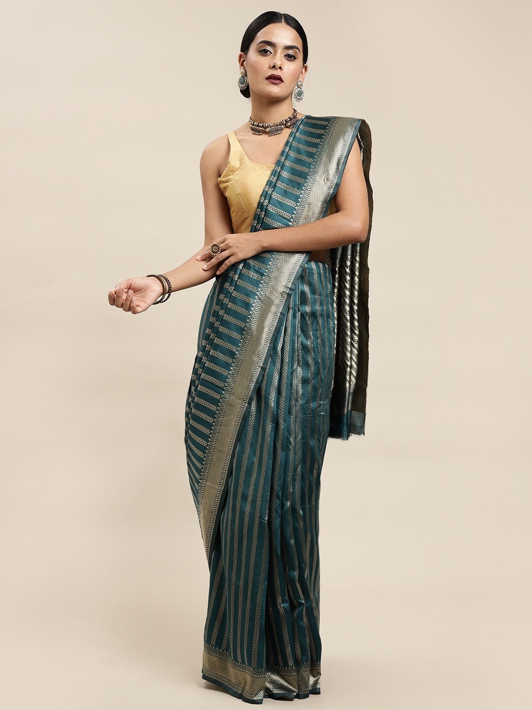 

Mitera Teal & Gold-Toned Striped Zari Silk Blend Banarasi Saree