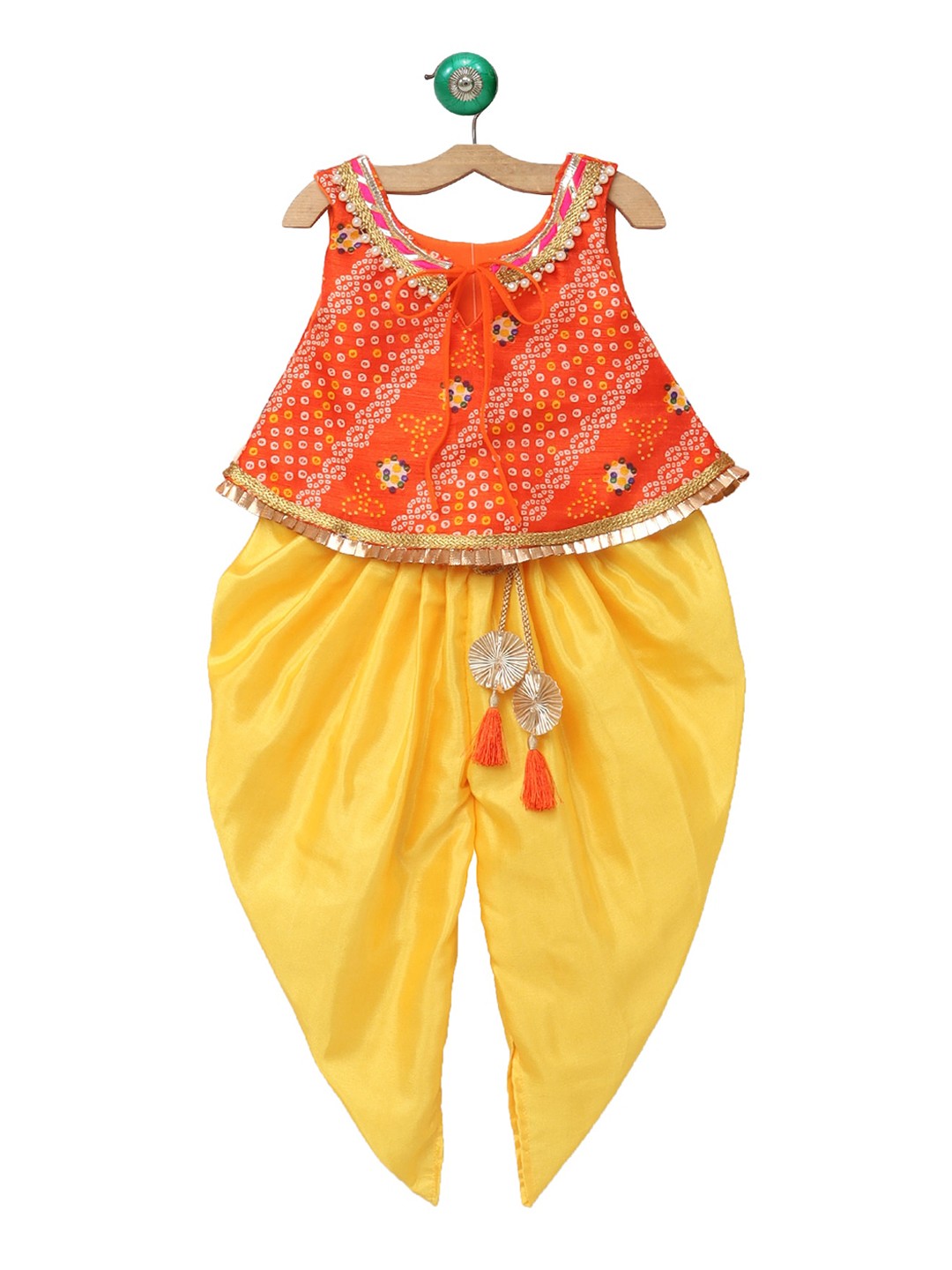

MANY FROCKS & Girls Orange Bandhani Printed Top with Dhoti Pants
