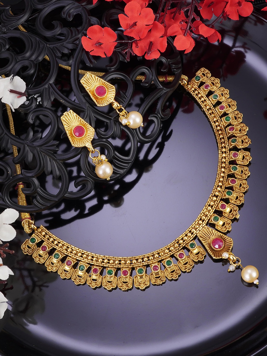 

LAFORWORD Gold-Plated Green & Red Kundan-Studded Jewellery Set