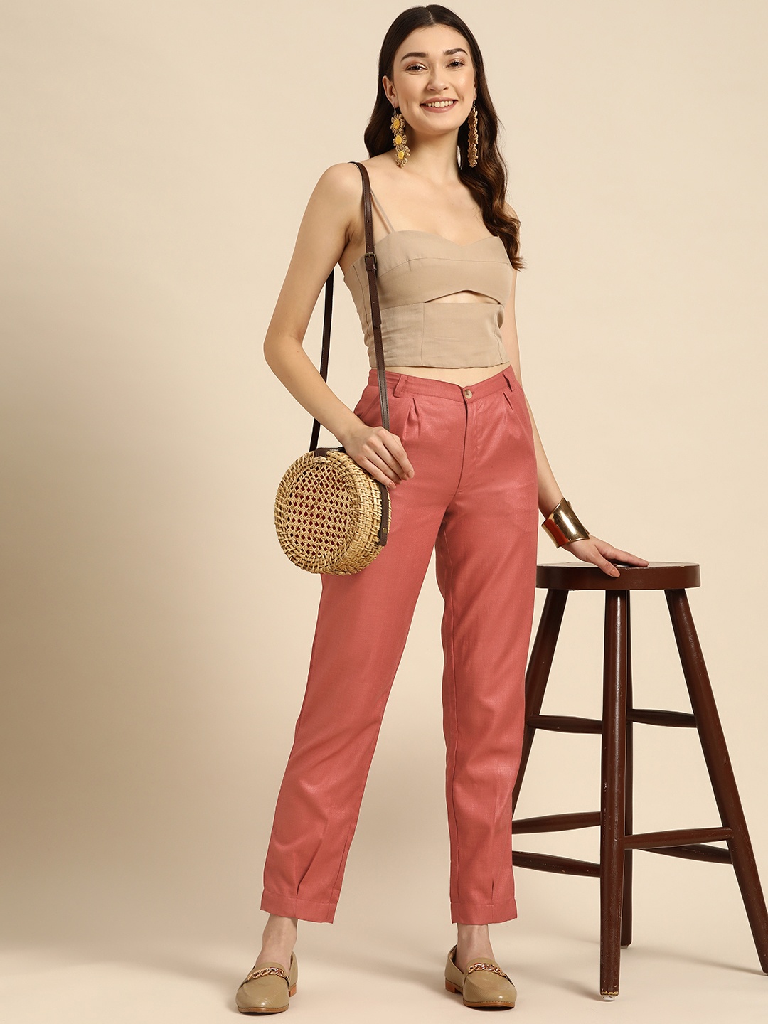 

Sangria Women Rust Straight Fit High-Rise Pleated Trousers