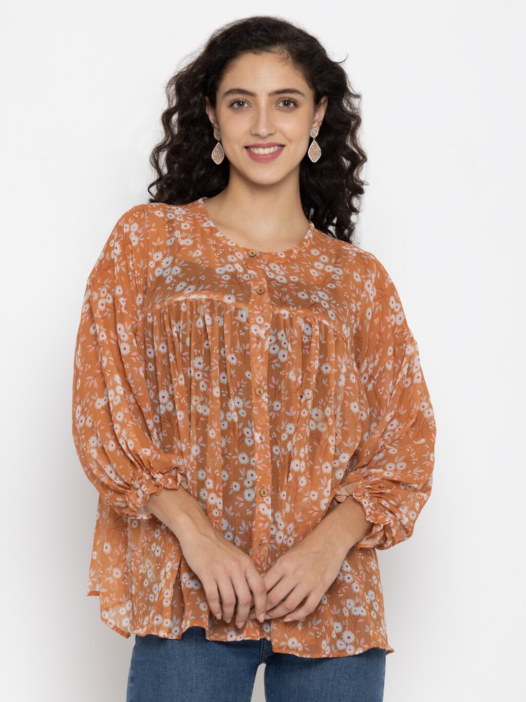 

SEW YOU SOON Women Mustard Yellow Floral Printed Georgette Top