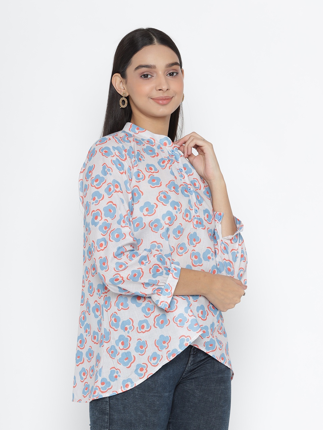 

SEW YOU SOON White & Blue Floral Print Mandarin Collar Bishop Sleeves Top