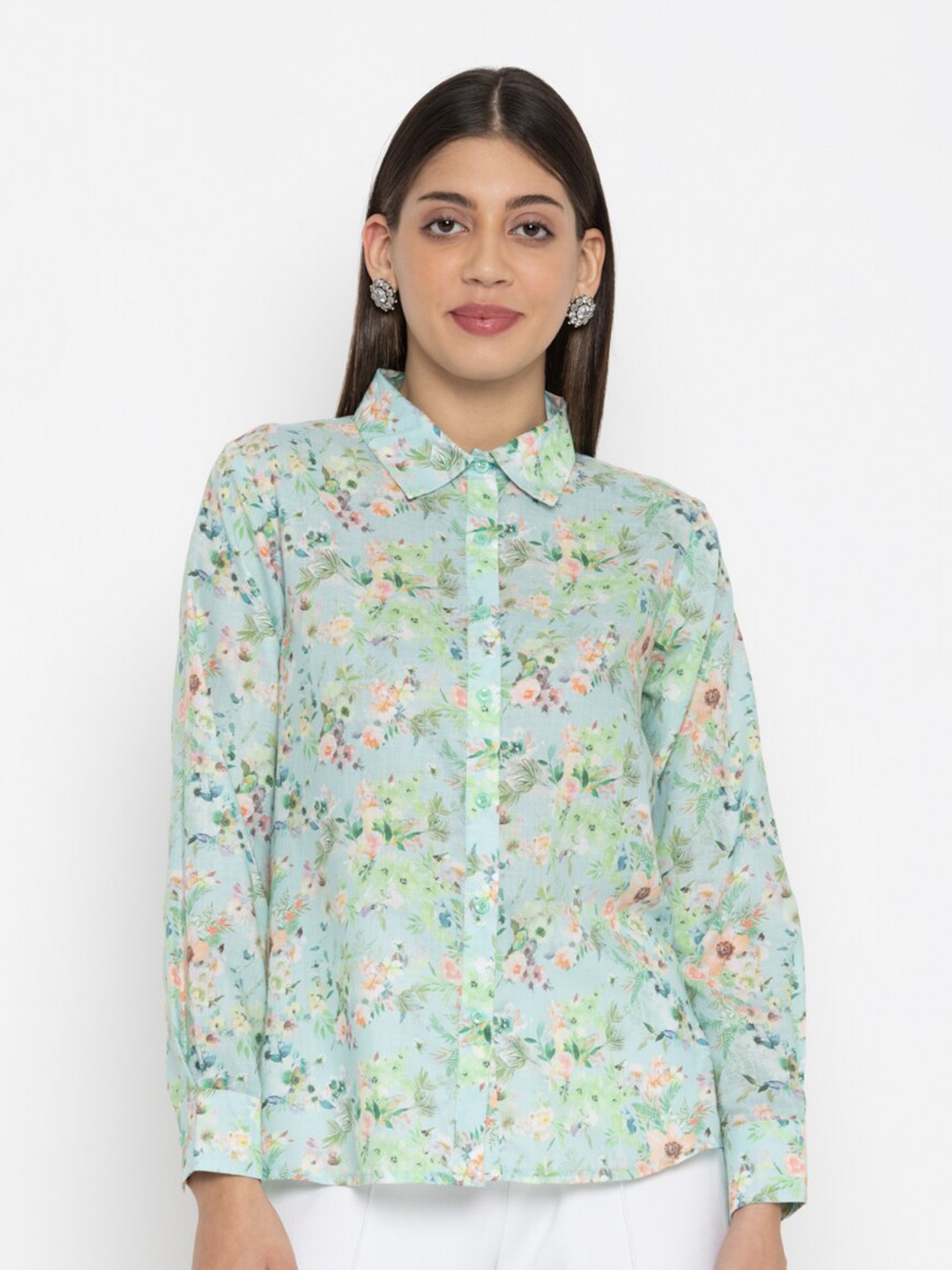 

SEW YOU SOON Pastel Green Floral Print Shirt Style Top